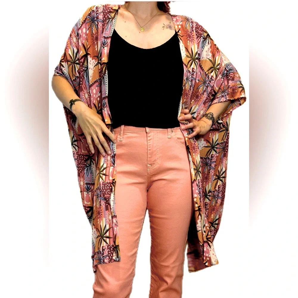 NWT Angie open duster scarf kimono pink periwinkle palm tree tropical coverup